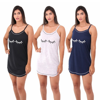 Camisola Feminina de Malha Estampada Cilios Pijama Feminino Roupa de Dormir em Oferta na Shopee