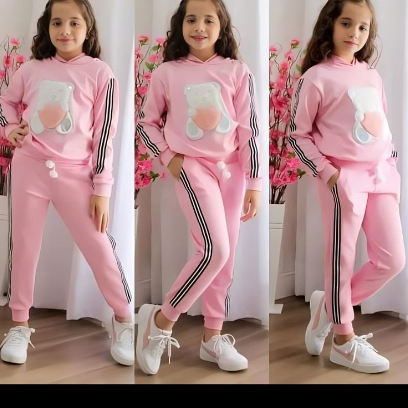 Conjunto Infantil Menina Moda Inverno GataUrsinho Listrado Calça e Blusa de Frio