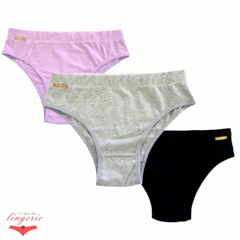 Kit 03 Calcinha De Algodão Mirela Com Cós Alto Dia A Dia