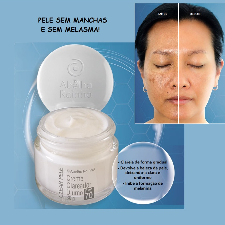 Creme Clareador Diurno FPS 70 para manchas e melasma - Clear Pele Abelha Rainha