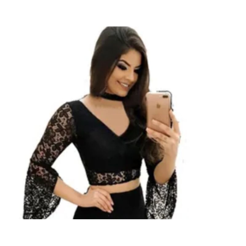 Mini blusa top de renda decote V ,social com babado na manga em Oferta na Shopee