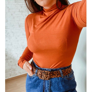 Blusa Feminina Canelada Cacharrel Gola Alta Manga Longa Tendência Inverno Várias Cores