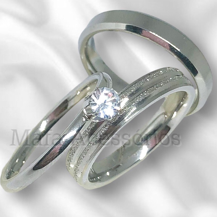 Par de Aliança de Namoro Casamento Prata Brilhante Diamantada Canal e Chanfrada 4mm Casal em Oferta na Shopee