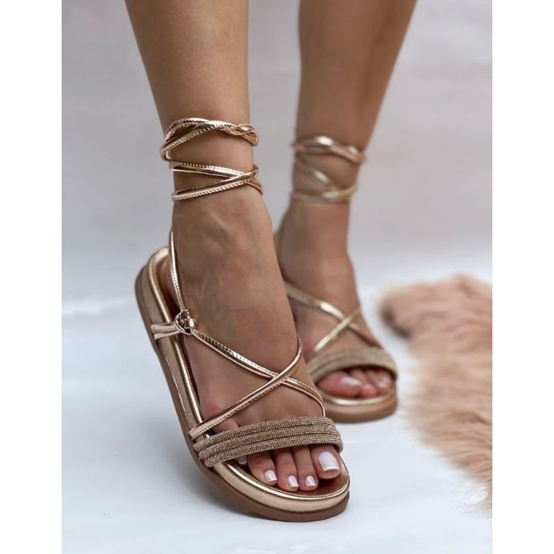 Sandália Papete feminina rasteira de amarração com strass,Ref: 028.