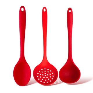 Kit Colher, Concha De Feijão E Escumadeira de Silicone Completo Vermelho