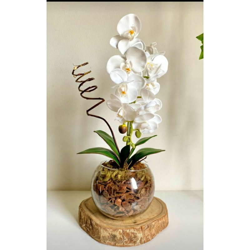 Arranjo de Orquídea Artificial Branca de Silicone com Vaso Redondo de Vidro Aquário M/Espelhado Vaso  Decorativo Decoracao Mesa Casa Sala*
