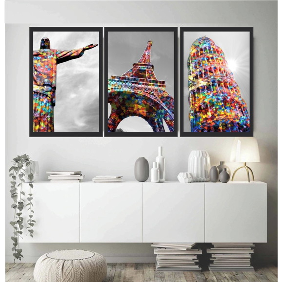 Quadros Decorativo Mosaico 90x50 3 peças Mdf Alta Resolução Full HD Cristo Redentor,Torre Eiffel Colorido