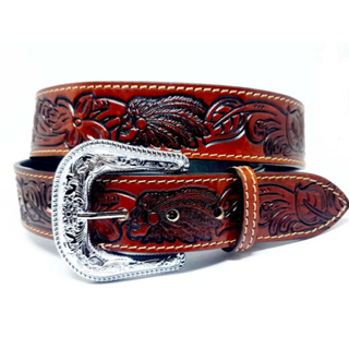 R- 711 - Cinto De Couro Country Entalhado Florido com desenho do Indio em Oferta na Shopee