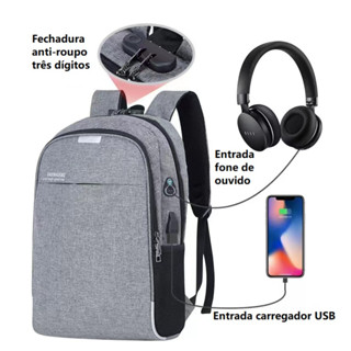 Mochila notebook Anti furto e Anti-roupo com Cadeado e Entrada Fone de ouvido e USB