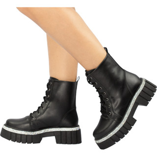 Bota Coturno Feminina Tratorada Plataforma Strass Brilho Cristal Cano Curto Flatform Blogueira Confortável Fashion