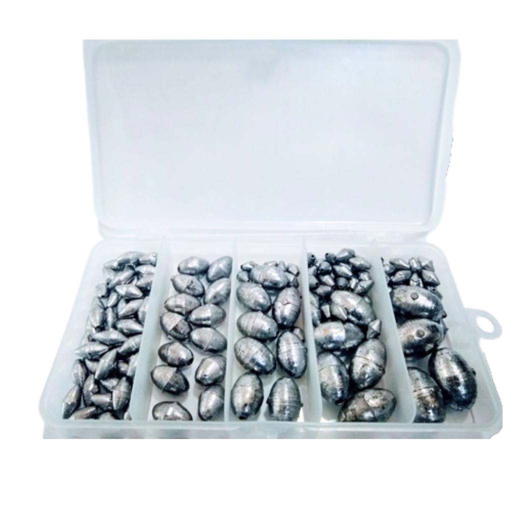 Kit 1kg De Chumbadas Diversas Para Pesca Modelo Oliva ou Bola Com Estojo ou Estojo Reposição