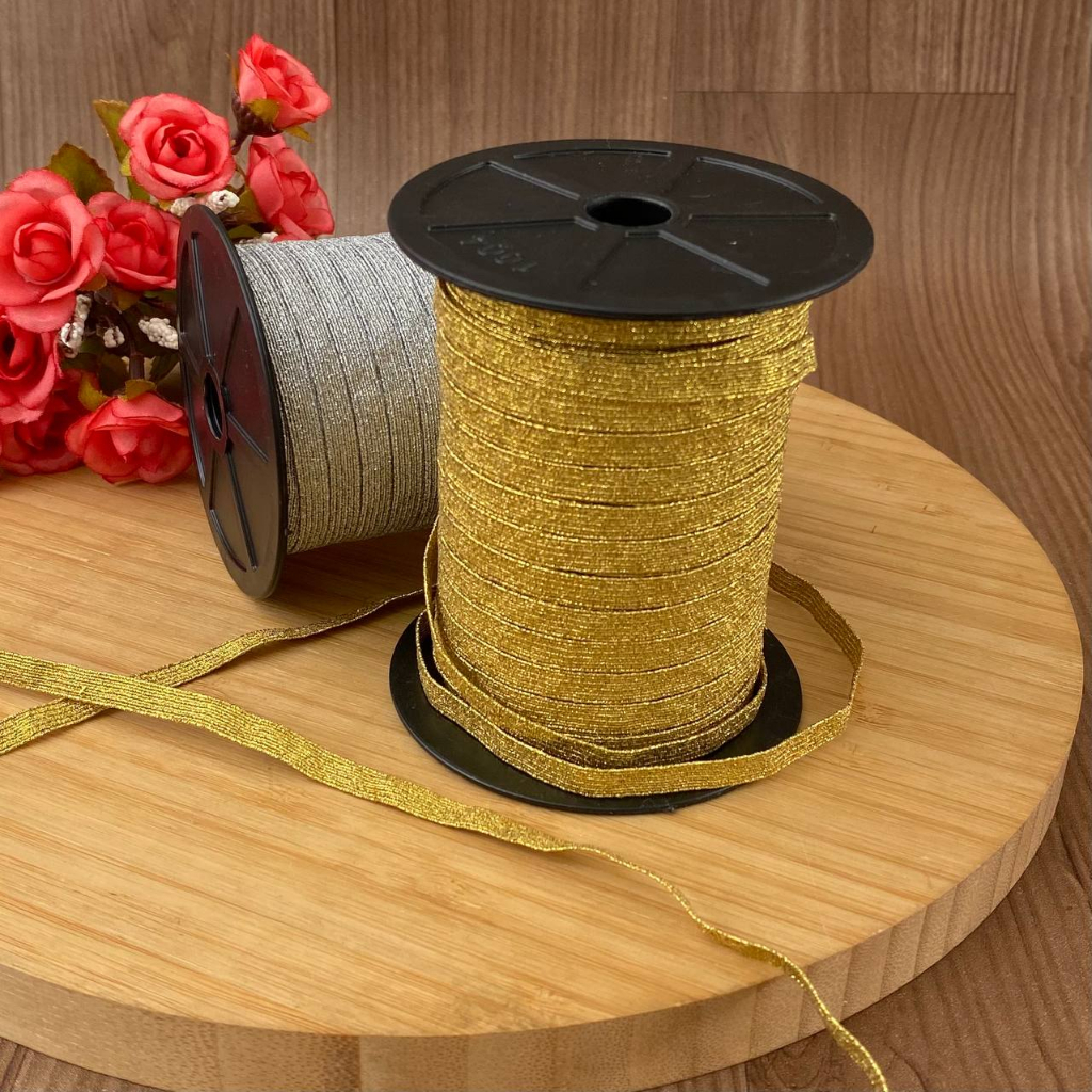 Elástico chato metalizado 6mm rolo 50 metros - encardenação em Oferta na Shopee