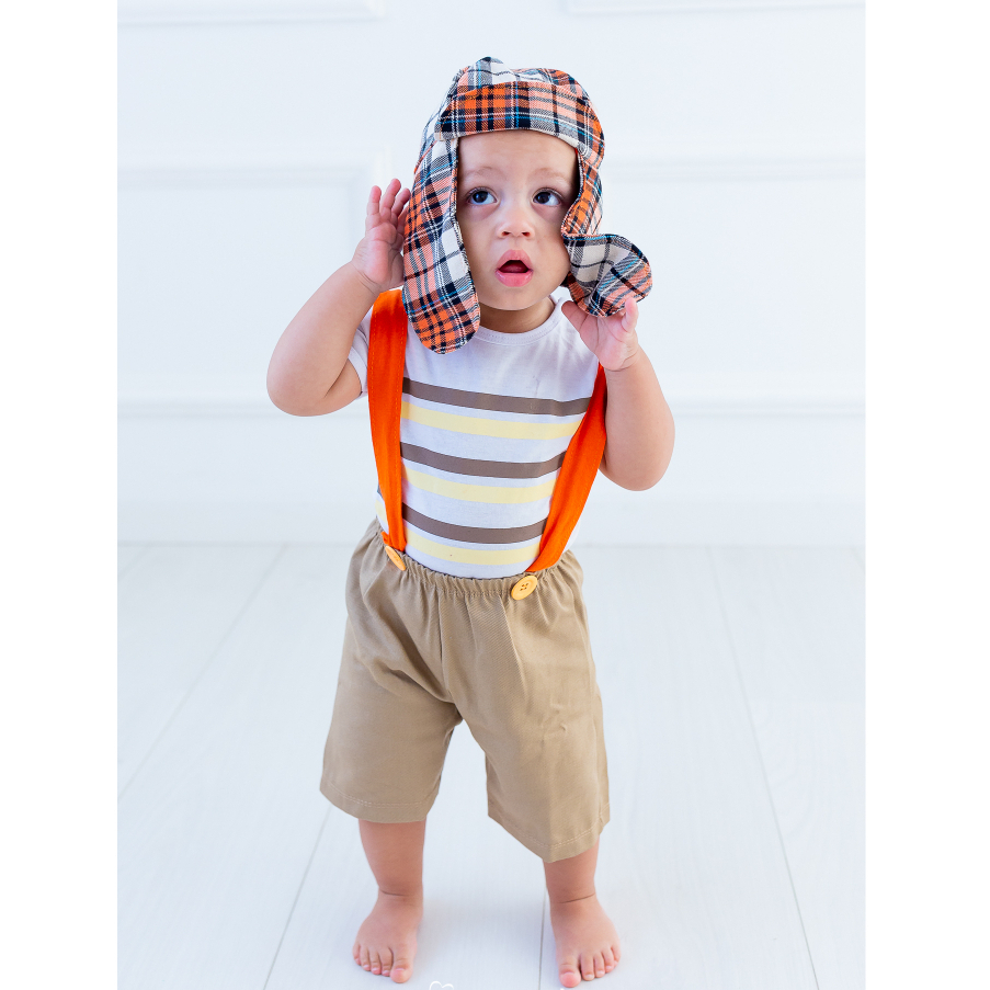 Conjunto Fantasia Chaves Bermuda e suspensório. 3 peças. Roupa tematica do chaves para aniversario. 100% algodao.