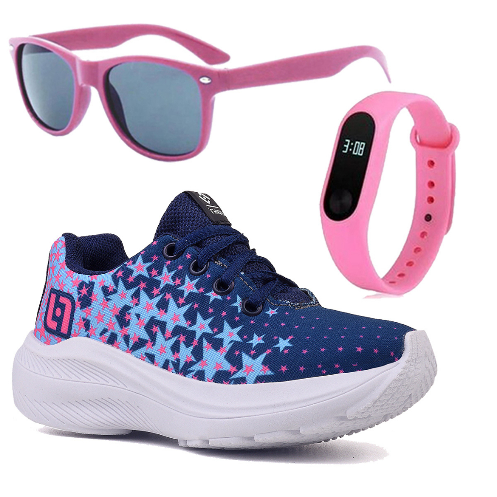 Tenis Infantil Meninas Casual Marinho e Pink Feminino + Óculos e Relógio Linkito em Oferta na Shopee