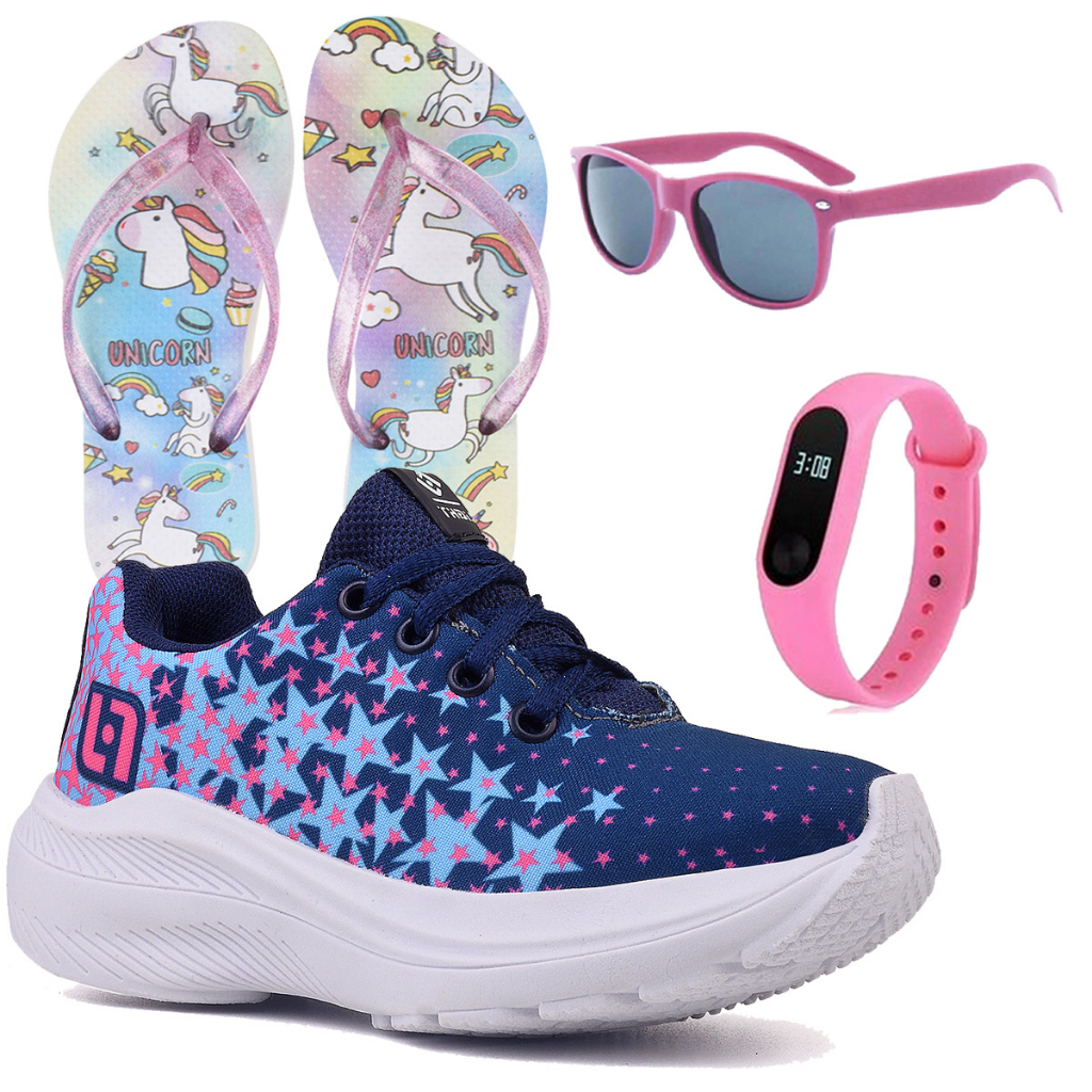 Tenis Infantil Meninas Casual Marinho e Pink Feminino + Chinelo Óculos e Relógio Linkito em Oferta na Shopee