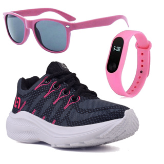 Tenis Infantil Meninas Casual Preto e Pink Feminino + Óculos e Relógio Linkito em Oferta na Shopee