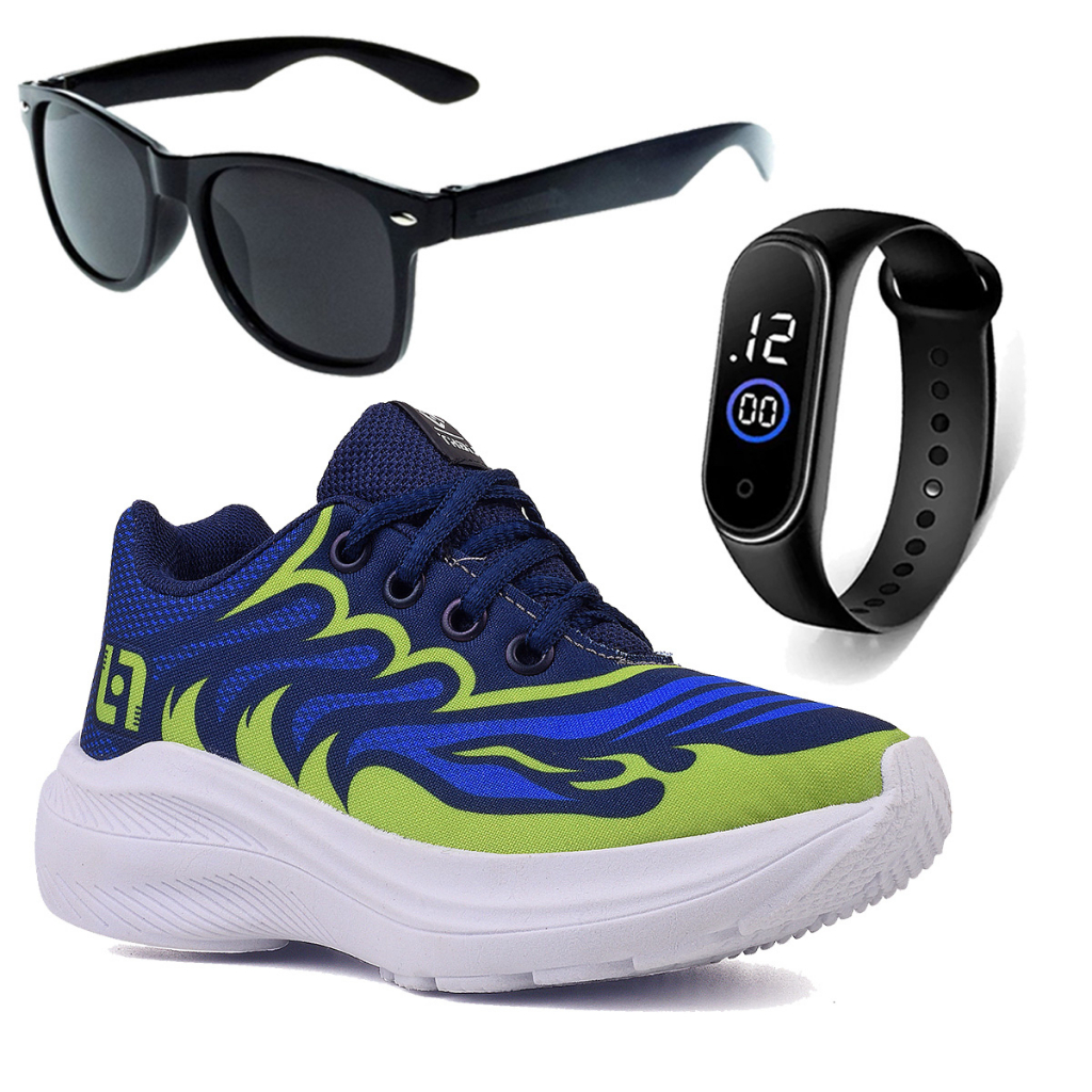Tenis Infantil Meninos Casual Marinho e Verde + Óculos e Relógio Linkito em Oferta na Shopee