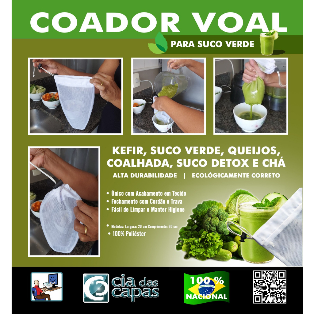 Coador Voal para Sucos, Leites, Kefir, Queijos, Chás