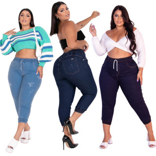 Kit 3 calças jeans plus size feminino com lycra cintura alta tamanhos grandes 46 ao 54