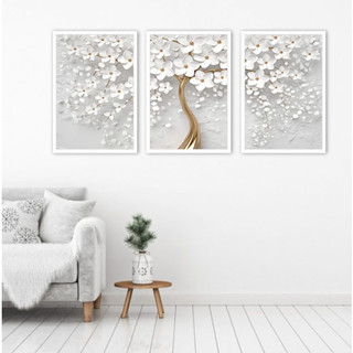 Quadros Decorativo Mosaico 90X50 3 peças Mdf Alta Resolução Full HD Árvore Cerejeira Branca Flores em Oferta na Shopee