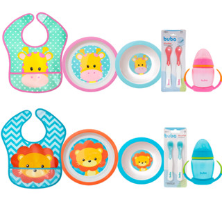 Kit Introdução Alimentar Buba com Prato Raso, Prato Fundo, Babador Impermeável, Colher Termossenssível e Copo de Treinamento com Alça e Bico de Silicone