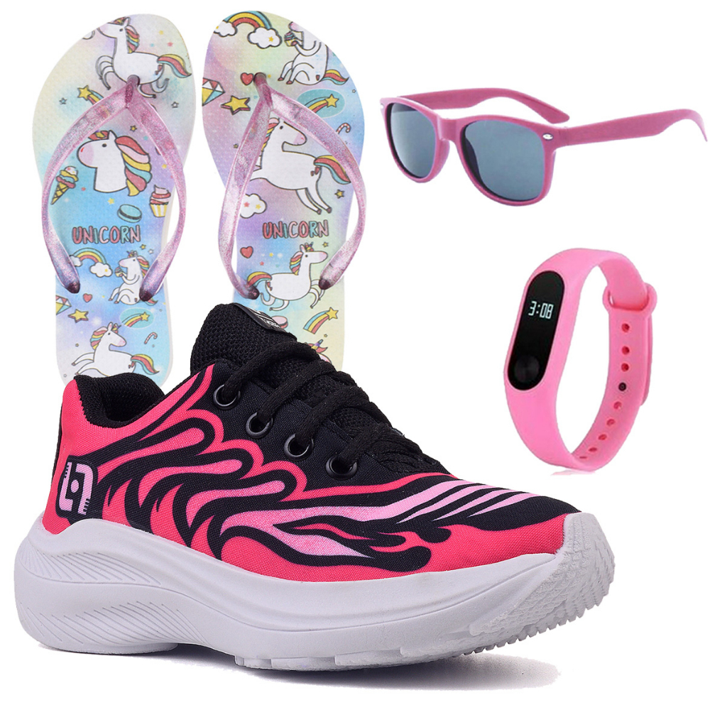 Tenis Infantil Meninas Casual Preto e Pink Feminino + Chinelo Óculos e Relógio Luizza em Oferta na Shopee