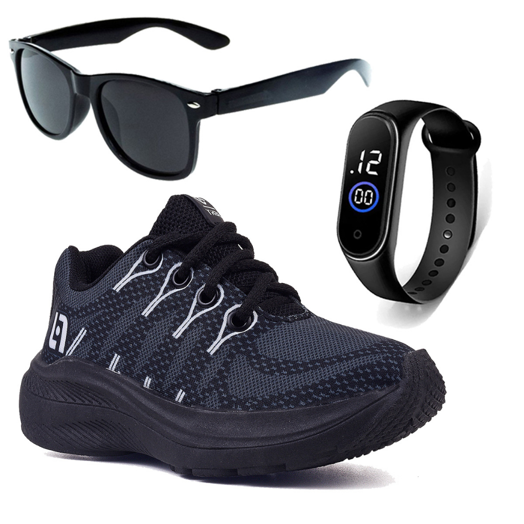Tenis Infantil Meninos Casual Preto Preto + Óculos e Relógio Anna Calcados