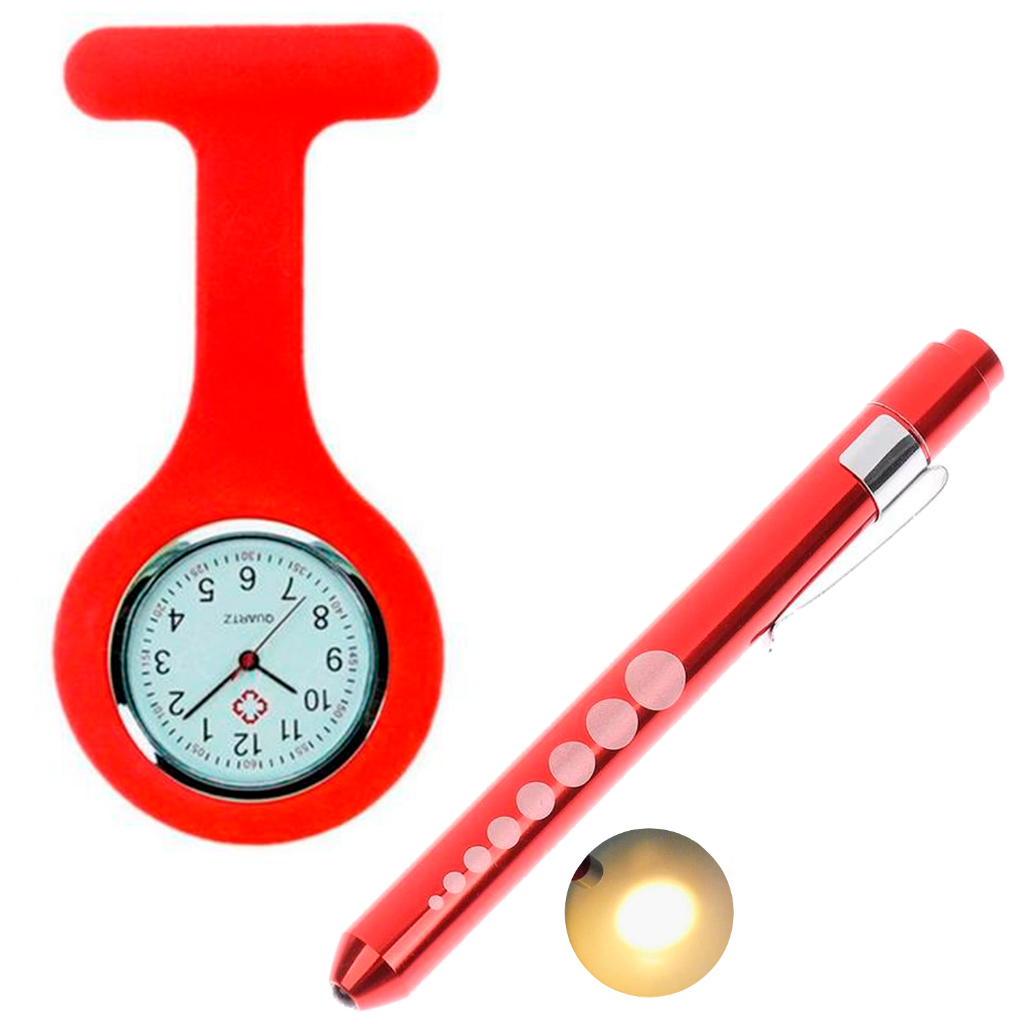Relógio Lapela Silicone Enfermagem Vermelho Caneta Lanterna