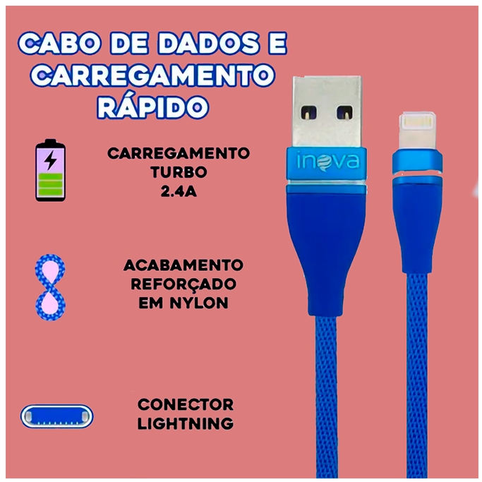 Cabo De Dados e Carregamento Inova 2 Metros Lightning / V8 / Tipo C