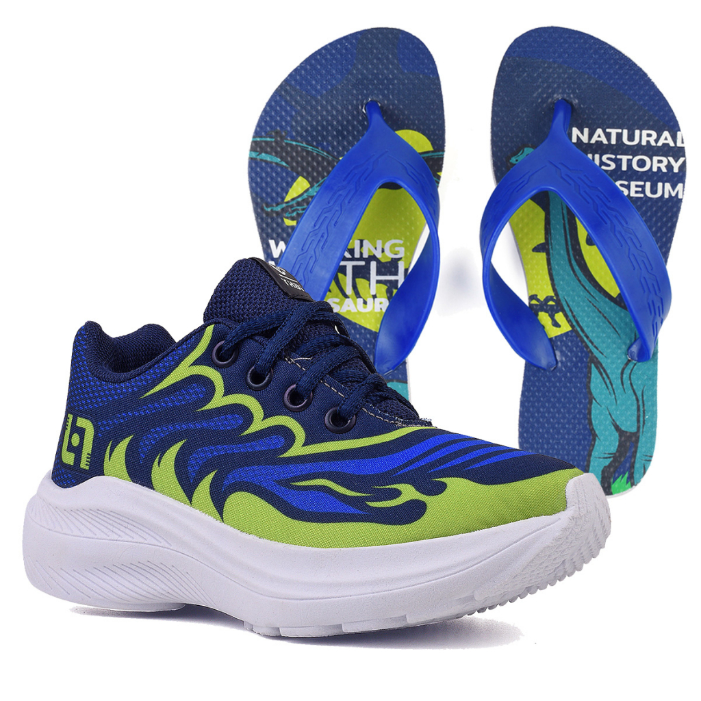 Tenis Infantil Meninos Casual Marinho e Verde + Chinelo Atacadao Divinopolis em Oferta na Shopee