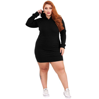 Vestido Curto Canelado Plus Size Básico Manga Longa Forrado com Capuz Bolso Justo Slim