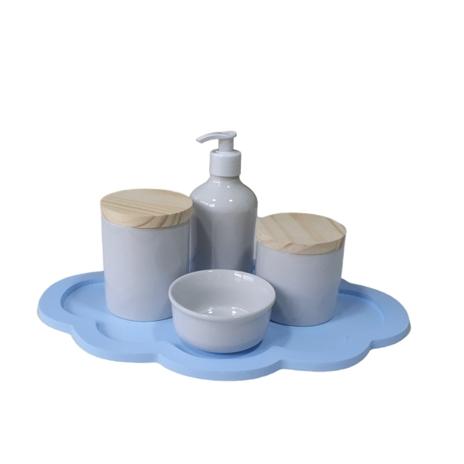 Kit Higiene Bebê Menino Maternidade Porcelana Potes Saboneteira bandeja nuvem azul maternidade menino porta algodão cotonete