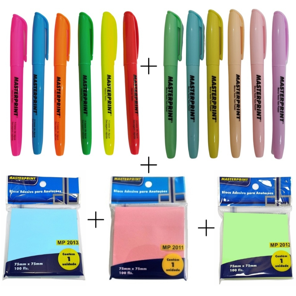 Kit 12 Marca Texto (6 Neon + 6 Pastel) + 3 Blocos Notas Adesivo Marcador de Páginas MASTERPRINT em Oferta na Shopee