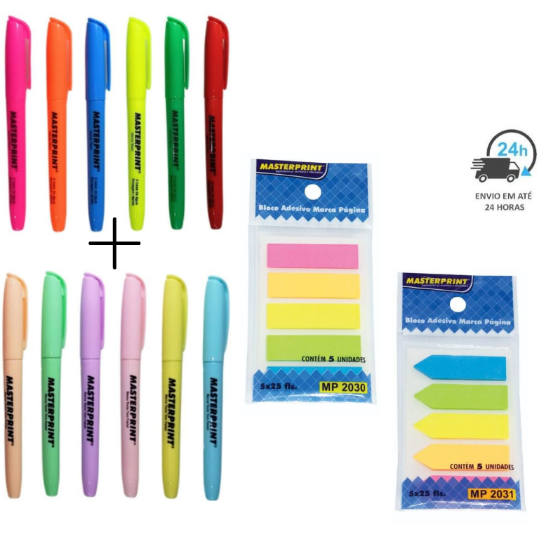 Kit 12 Marca Texto (6 Neon + 6 Pastel) + 2 Bloco Adesivo Seta e Reto Marcador de Página MASTERPRINT