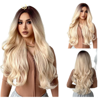 Peruca Ondulada Sem Franja 60cm Cabelo Orgânico Ombre Loira em Oferta na Shopee