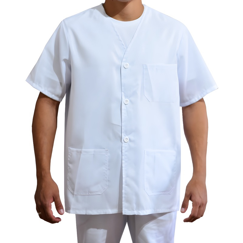 Jaleco masculino Branco Manga Curta Em Oxford - Com 3 bolsos