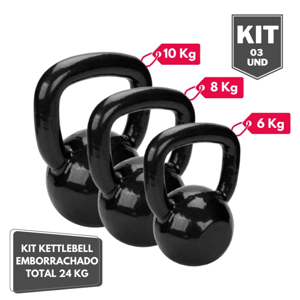 Kit Halter Kettlebell Emborrachado 6 8 e 10 Kg - Total 24 Kg
