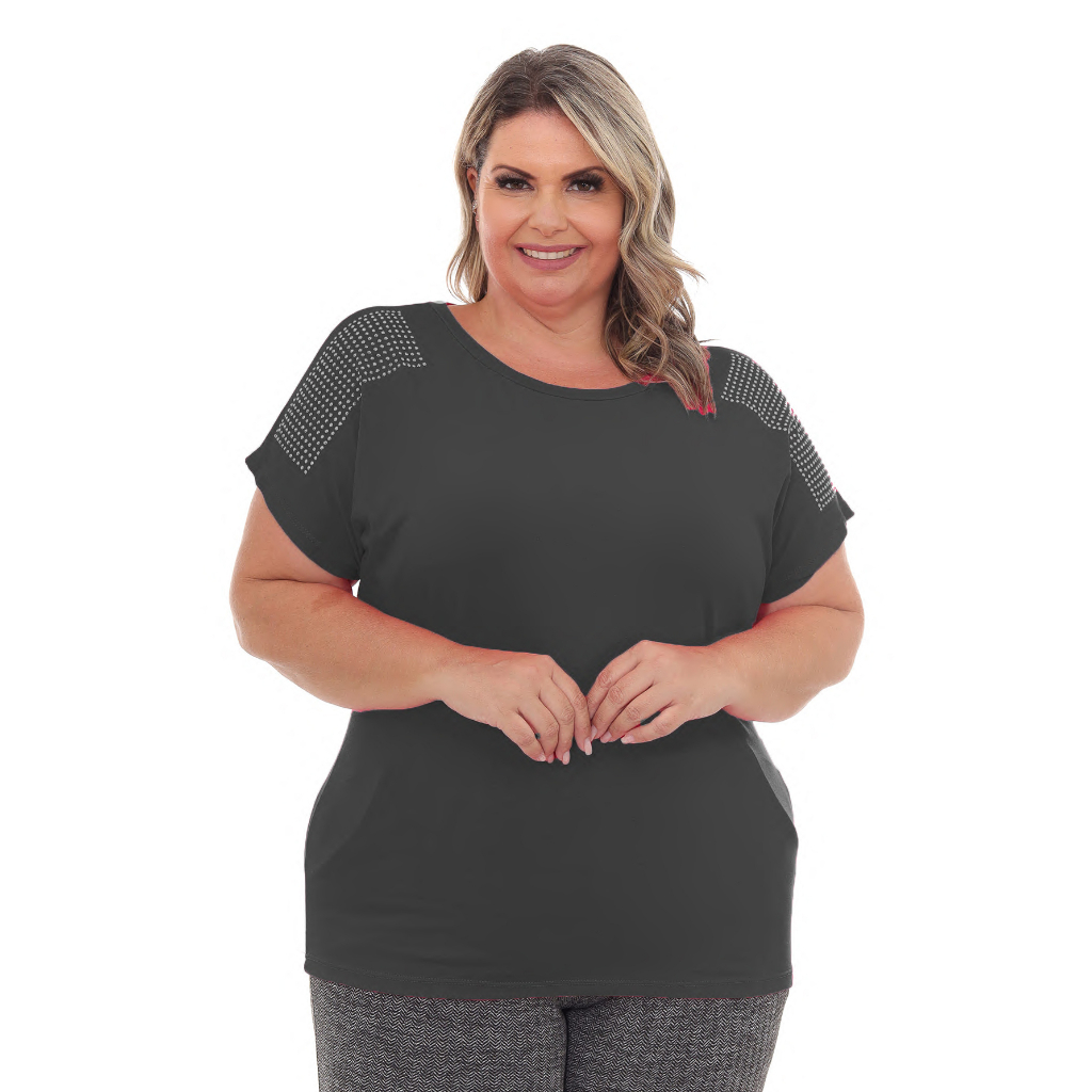Blusa Plus Size Com Detalhe De Strass No Ombro Elegante Moda Feminina