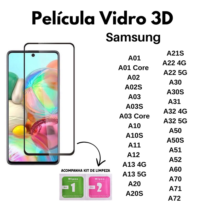 Película De Vidro 3D Para A01 A02 A03 A03 Core A10 A11 A12 A13 A20 A21S A22 A30 A32 A50 A52 A60 A70