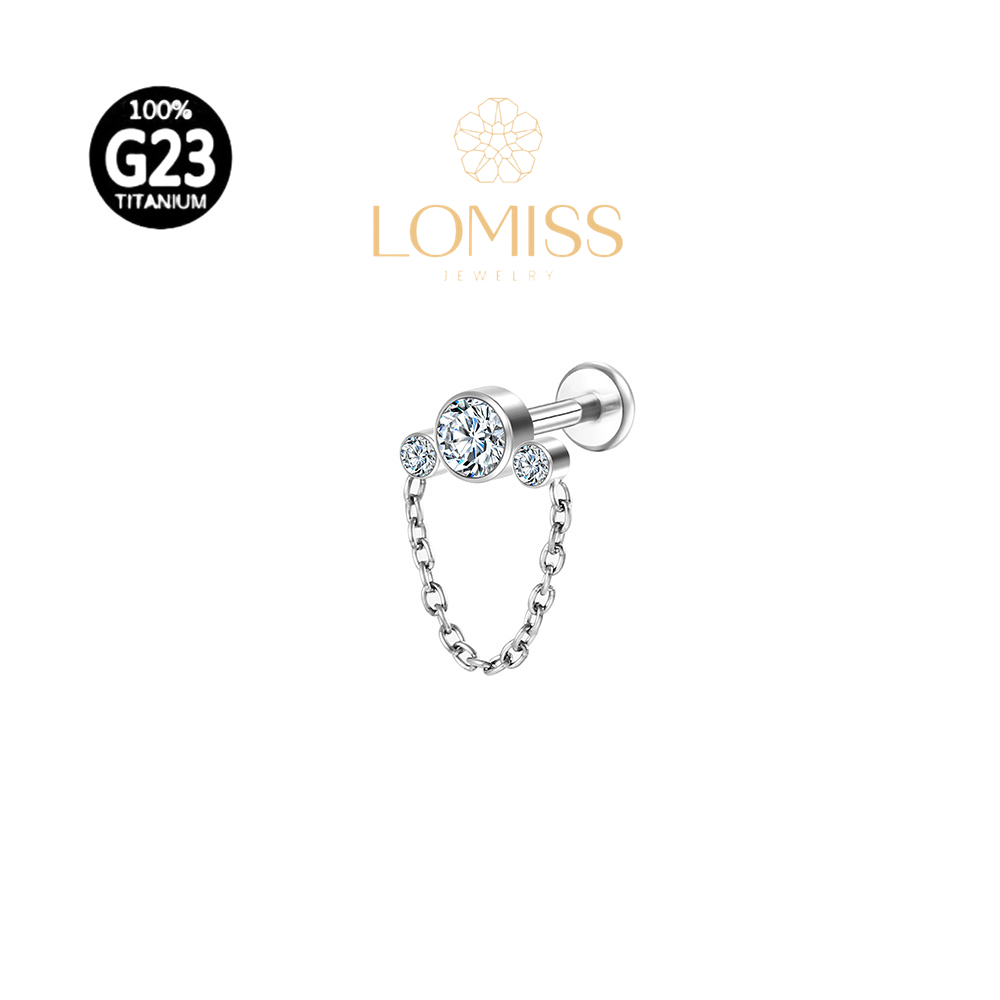 Piercing Labret Helix Tragus Conch Boca-Medusa Titânio 3 Zircônias Com Corrente Lomiss piercing em Oferta na Shopee