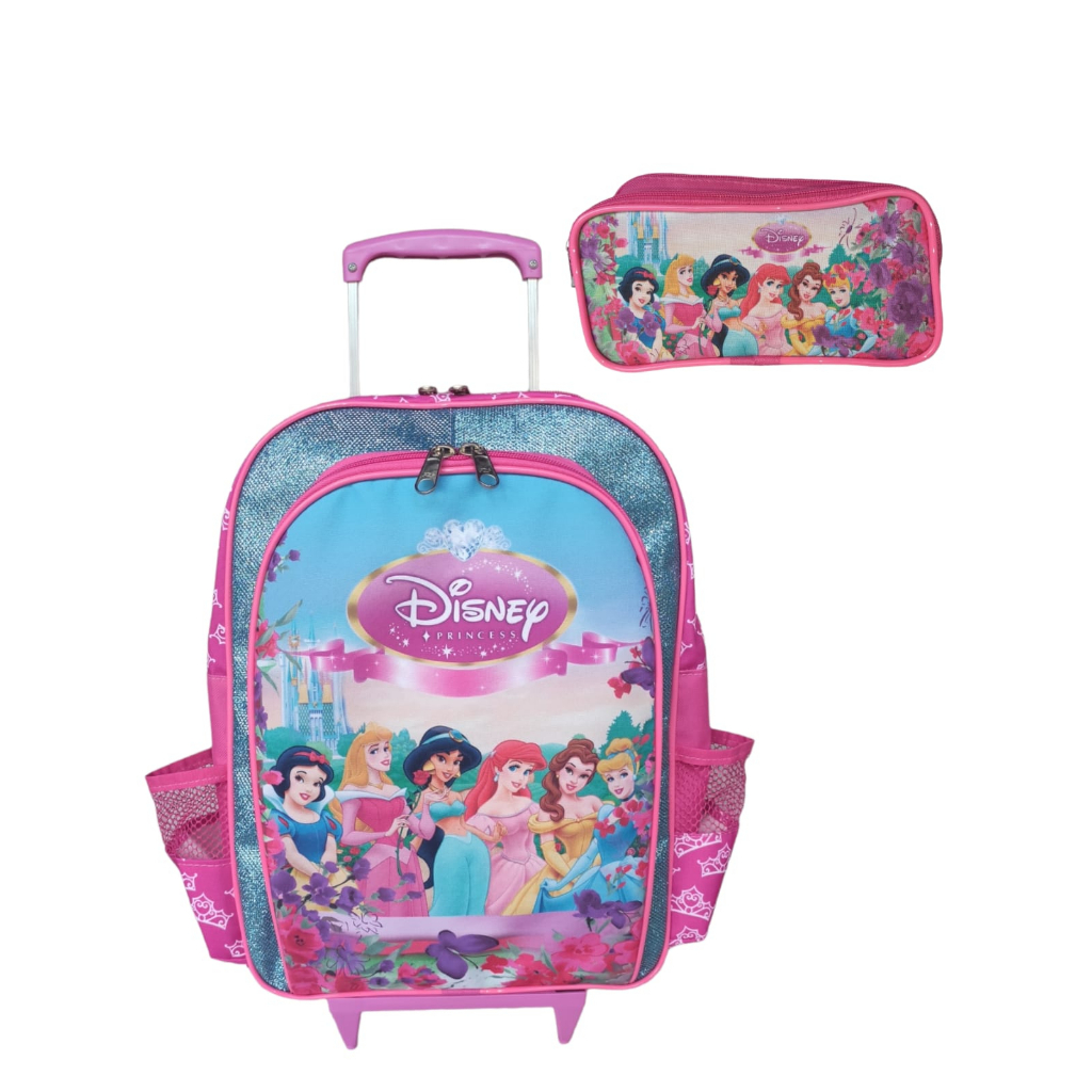 mochila de rodinhas mochilete princesas da Disney infantil escolar meninas com estojo de duas divisão rosa brilho