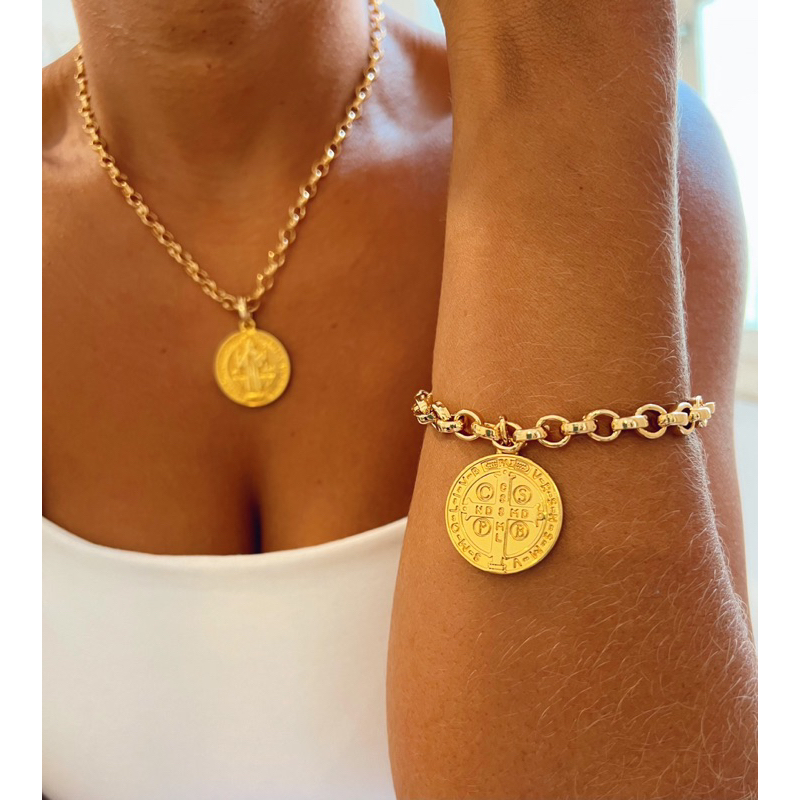 Pulseira São Bento de elo português grosso - Peça com banho de ouro.