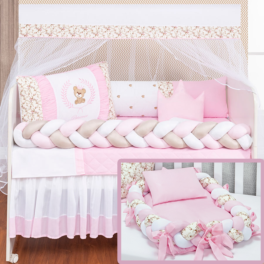 KIT ENXOVAL DE BERÇO COM NINHO REDUTOR 15 PEÇAS TRANÇADO COROA PRINCESA ROSA MODELOS MENINA COROA em Oferta na Shopee