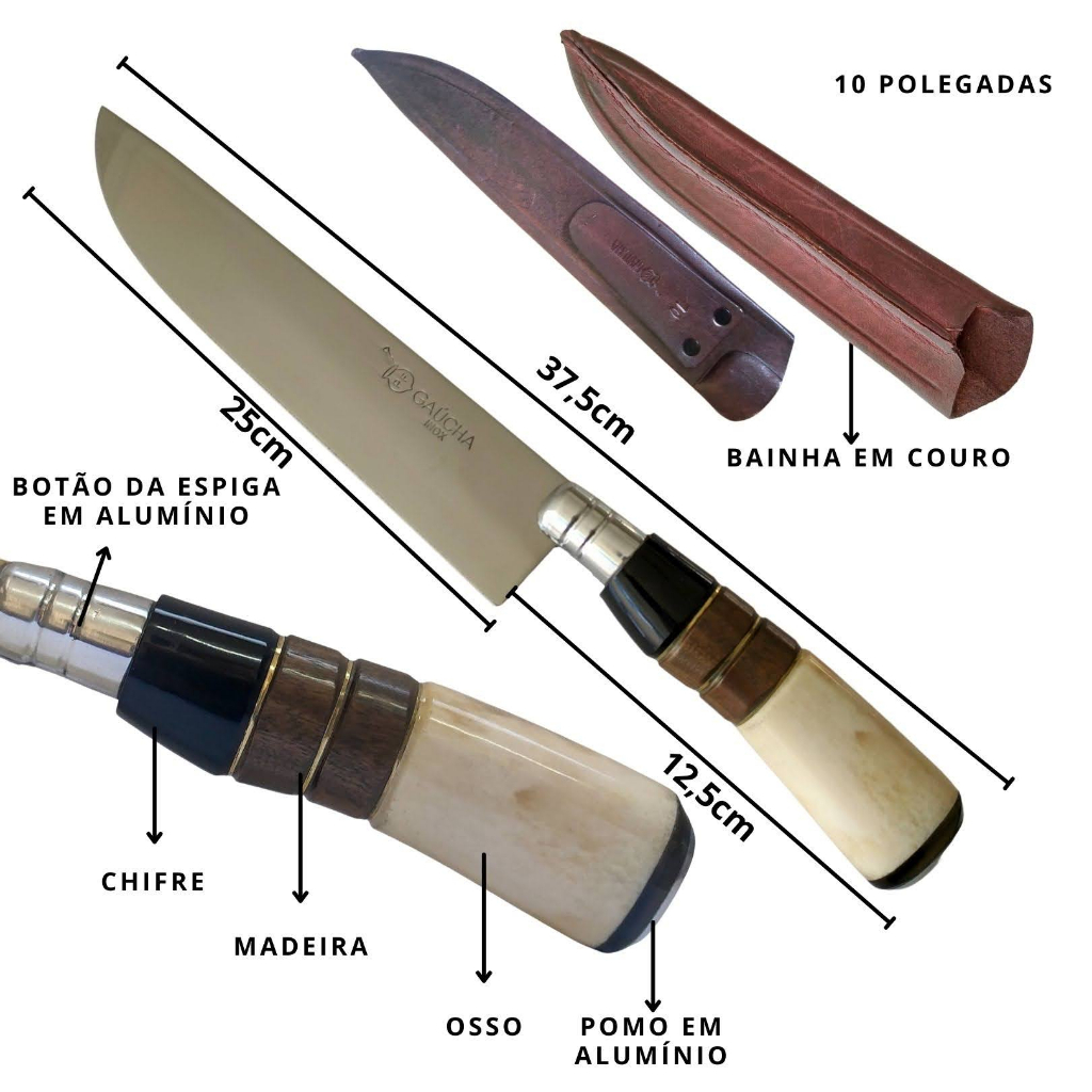 Faca Churrasco Artesanal Profissional Gaúcha Aço Inox Cabo Osso Madeira Chifre Chifre 10 Polegadas