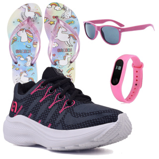 Tenis Infantil Meninas Casual Preto e Pink Feminino + Chinelo Óculos e Relógio Elis Magazine em Oferta na Shopee