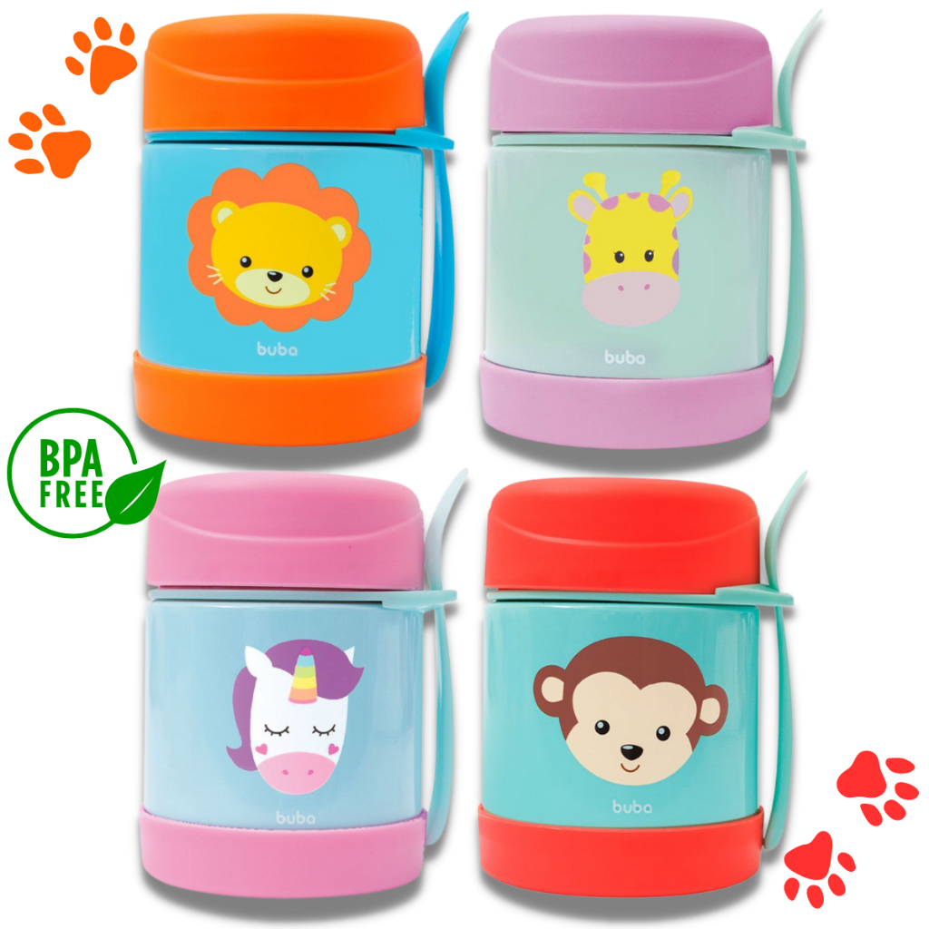 Pote Térmico Infantil Bebe Buba Aço Inox Com Talher Potinho Marmita Termica Conserva +5 Horas 320 Ml Papinha Bebê Animal Fun