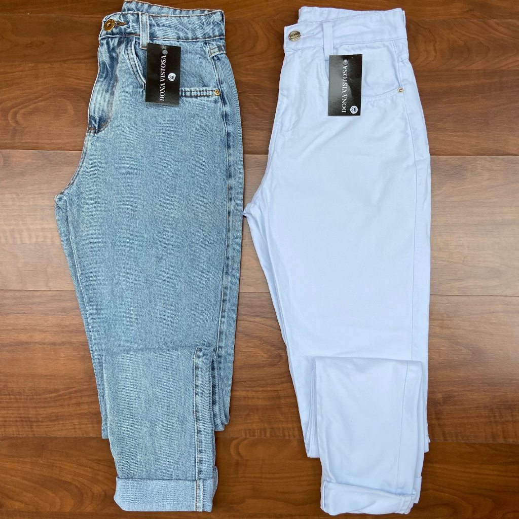 Calça Jeans Mom Branca Vintage Cintura Alta 100% Jeans em Oferta na Shopee
