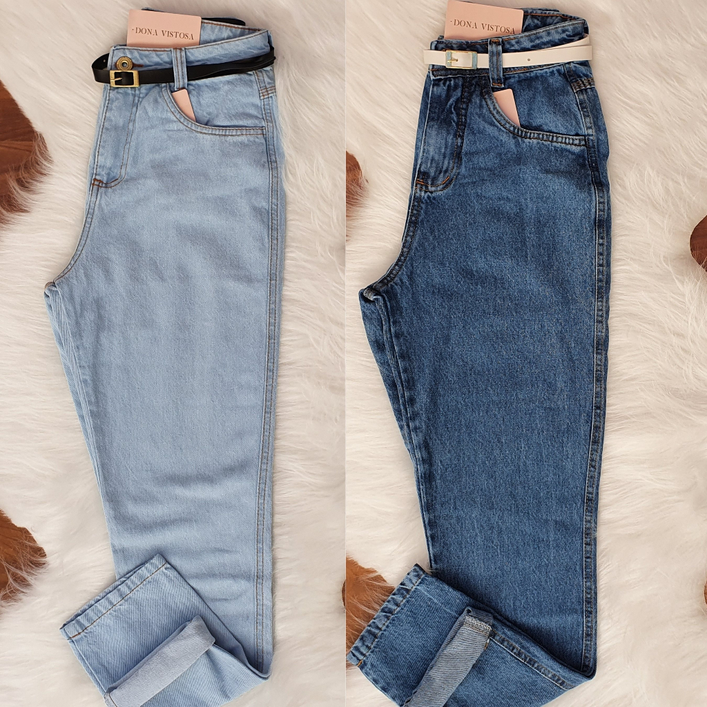 Calça Mom Preta Jeans Feminina Cintura Alta Com Cinto em Oferta na Shopee