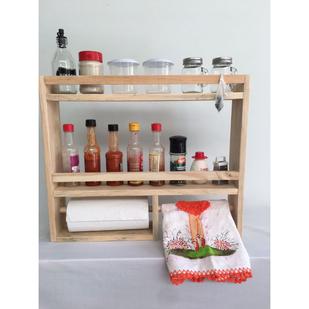 Porta tempero papel toalha cozinha decorativo condimentos madeira de Pinus prateleira de parede