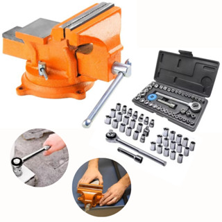 Kit Torno de Bancada n°5 Base Giratória + Jogo de Soquete com 40 Peças + Maleta - Sparta/Titanium